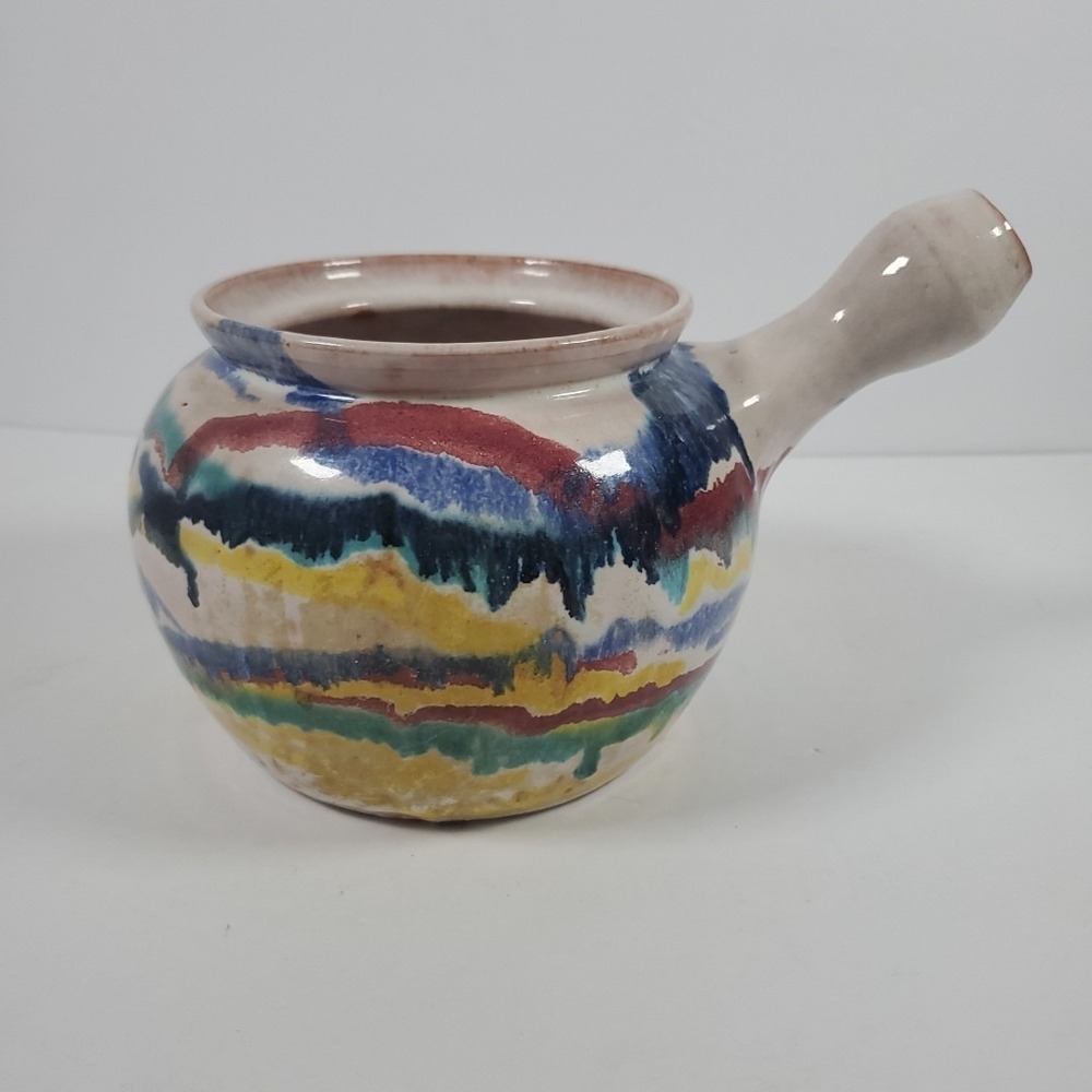 Vintage Studio Art Pottery Rainbow Drop Glaze Closed Form Blind Spout Boho Decor